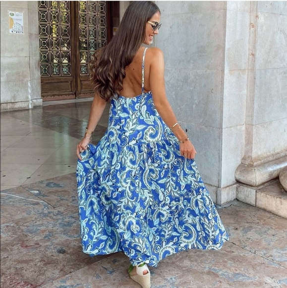 Zara Tiered Floral Print Blue White Cotton Dress Bloggers Favorite - Picture 9 of 16